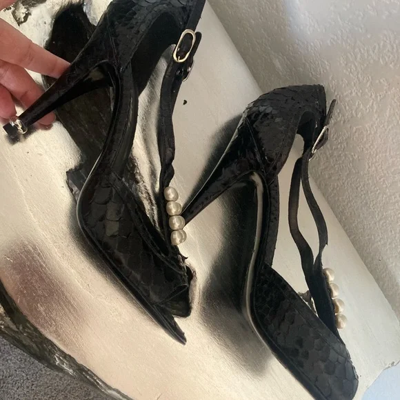 CHANEL python black Heels with Pearl Detail exotic vintage 39.5 - Picture 6 of 8